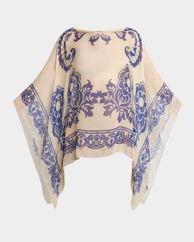 Floral Printed Silk Poncho